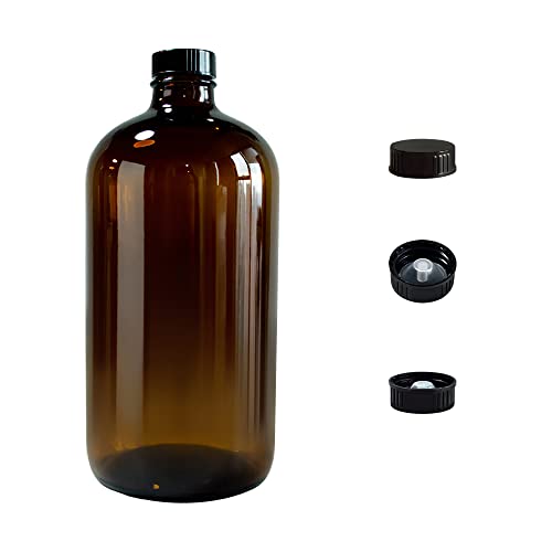 32oz 946ml Amber Boston Round Bottle with 28-400 Black Poly cone Phenolic caps, pack of 2