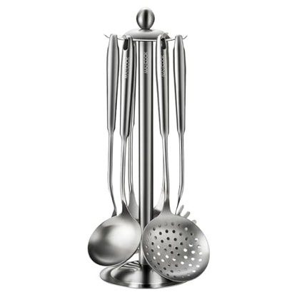 Stainless Steel Cooking Utensils set, 18/8 Stainless Steel Kitchen Utensils set, 7 Pieces Cookware Set with Rotating Holder, Heat Resistant Stainless Steel Cooking Spoon(Dishwasher Safe) - size: 18/8 Stainless Steel Utensil Set of 7