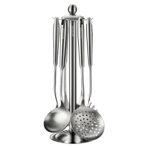 Stainless Steel Cooking Utensils set, 18/8 Stainless Steel Kitchen Utensils set, 7 Pieces Cookware Set with Rotating Holder, Heat Resistant Stainless Steel Cooking Spoon(Dishwasher Safe) - size: 18/8 Stainless Steel Utensil Set of 7
