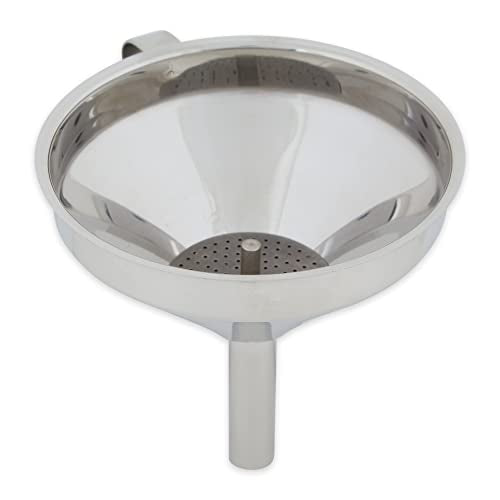 RSVP International Endurance Kitchen & Canning Large 18/8 Stainless Steel Funnel with Removable Straining Filter, Designed for Narrow or Wide Mouth Jars & Bottles, Dishwasher Safe, 5" Diameter