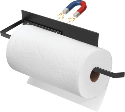 Paper Towel Holder, Magnetic Paper Towel Holder for Fridge, Toilet Paper Roll Holder Magnet Towel Rack Wall Mount Fridge Organizer for Paper Towels Rolls Bathroom Pantry RV Kitchen Storage - color: Black