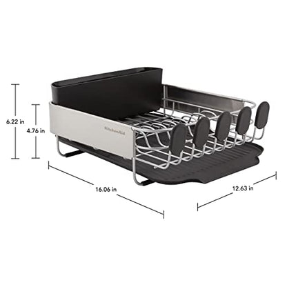 KitchenAid Compact, Space Saving Rust Resistant Dish Rack with Removable Flatware Caddy and Angled Self Draining Drainboard, 16.06-Inch, Black - color: Black, size: Compact