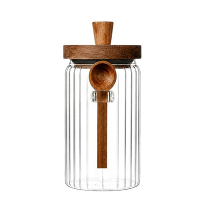 ANSQU Glass Jar with Wooden Lid & Spoon, 34oz Coffee Bean Storage Container, Airtight Glass Food Storage Canister for Coffee Grounds, Tea, Sugar, Candy, Kitchen Pantry Organizer, Stripe Glass Jar - size: 34oz-1pack-stripe