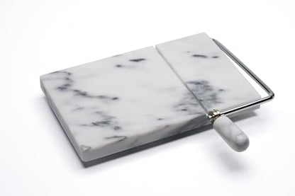 Marble Cheese Slicer for Block Cheese, 5" x 8" White Marble Cheese Board and Cutter with 2 Replacement Stainless Steel Wires, Heavy Duty Cheese Slicer Kit for Home Kitchen and Charcuterie