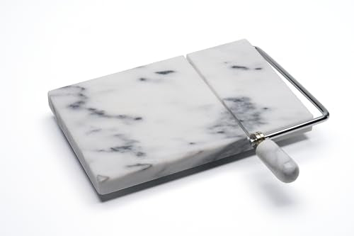 Marble Cheese Slicer for Block Cheese, 5" x 8" White Marble Cheese Board and Cutter with 2 Replacement Stainless Steel Wires, Heavy Duty Cheese Slicer Kit for Home Kitchen and Charcuterie