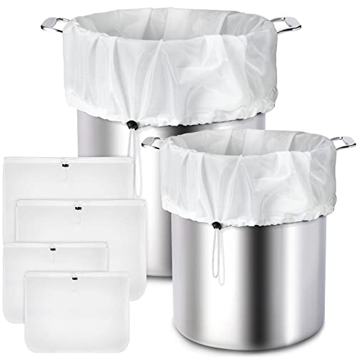4 Pack Reusable 250 Micrometer Straining Brew Bag Fine Mesh Strainer Bag White Wine Making Supplies Drawstring Cheese Cloth Package for Beer Wine, 22 x 26, 16 x 18 Inch