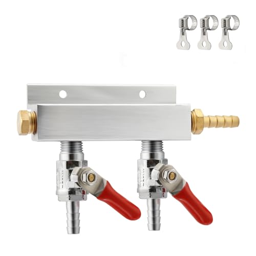 2-Way Gas Manifold CO2 Distributor Manifold 5/16 inch Barb/Stem Splitter Beer Integrated Check Valves Homebrew Beer Making Brewing Tool-CO2 gas input at RIGHT side+3 CLAMPS - color: 2WAY,GAS INPUT AT RIGHT