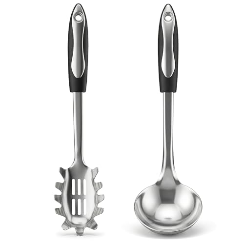 2 PCS Stainless Steel Soup Ladle and Spaghetti Spoon, Heat Resistant Non‑Slip Handle, Dishwasher Safe Kitchen Utensils for Cooking, Stirring, Serving Pasta, Soup and Sauce