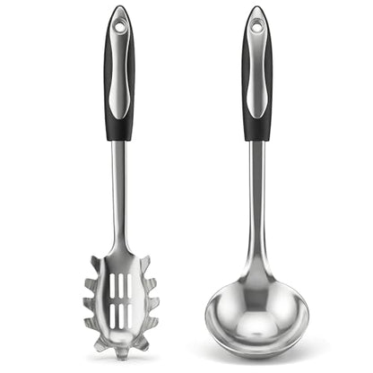 2 PCS Stainless Steel Soup Ladle and Spaghetti Spoon, Heat Resistant Non‑Slip Handle, Dishwasher Safe Kitchen Utensils for Cooking, Stirring, Serving Pasta, Soup and Sauce