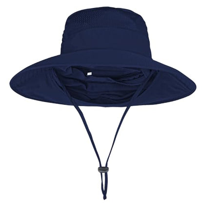 Sun Hats for Men Women Fishing Hat UPF 50+ Breathable Wide Brim Bucket Hats Summer UV Protection Safari Hat with Neck Flap - color: Navy Blue