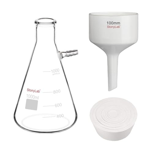 stonylab Porcelain Buchner Funnel and Filter Flask Set, 100 mm OD Porcelain Funnel, 1L Heavy Duty Glass Filter Flask, and Filter Adapter Cones for Laboratory Filtration and Separation