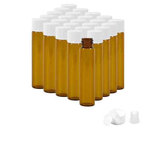 25PCS 7ml Amber Glass Vials with White Screw Caps and Plastic Stoppers, 2 Dram Leak-Proof Small Liquid Sample Bottles for Essential Oils, Perfumes, Reagents - color: AMBER, size: 7ml