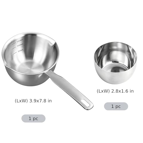 Mini 304 Stainless Steel Oil Ladle with Seasoning Bowl, Small Melting Sauce Pot, Butter Warmer with Pour Spout, Ergonomic Handle, Measuring Scale, for Cooking & Serving