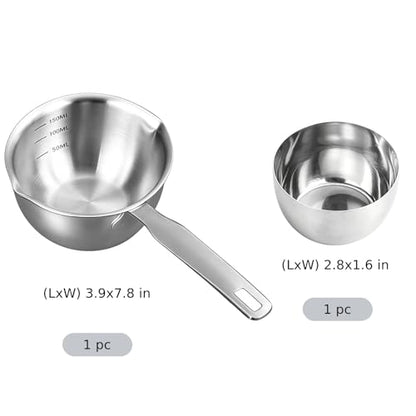 Mini 304 Stainless Steel Oil Ladle with Seasoning Bowl, Small Melting Sauce Pot, Butter Warmer with Pour Spout, Ergonomic Handle, Measuring Scale, for Cooking & Serving