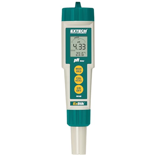 Extech PH100 Waterproof ExStik II pH Meter Kit with Flat Surface Electrode and Temperature Display | pH 0.00-14.00, waterproof, ATC, flat-surface electrode, temperature display, auto power off, sample cup - style: pH