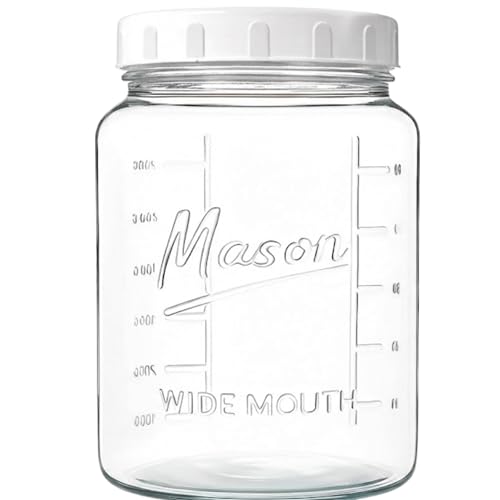 kitchentoolz Extra Large Mason Jar - 1 Gallon Glass Wide Mouth Jar with Airtight Plastic Screw on Lid, Food Storage Container with Measurement Marks Pack of 1