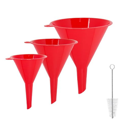 Plastic Kitchen Funnel Set of 3 with Brush – BPA Free Food Grade Funnels for Filling Canning Bottles Oil, Multifunctional for Cooking Lab Automotive, Red - color: Red