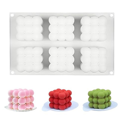 Silicone Bubble Cube Molds for Candle Making, 3D 6-Cavity French Dessert Molds for Baking Mousse Cake Ice Cream - color: White(R0010)