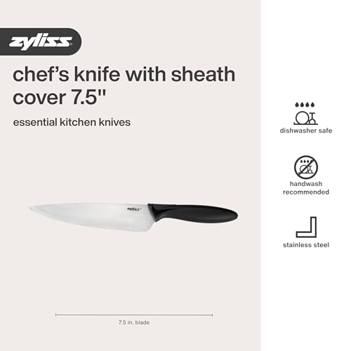 Zyliss Chef's Knife with Sheath Cover - Stainless Steel Knife - Fruit, Vegetable, Herbs & Meats Knife - Travel Knife with Safety Kitchen Blade Guards - Dishwasher & Hand Wash Safe - 7.25" - Black