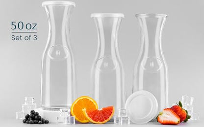 Glass Carafe Pitchers, by Kook, Large Carafe - set of 3, Beverage Dispensers, Clear Jugs For Mimosas, Water, Wine, Milk and Juice, with Plastic Lids, 50 oz Dishwasher Safe - color: Set of 3, 1.5 Liter