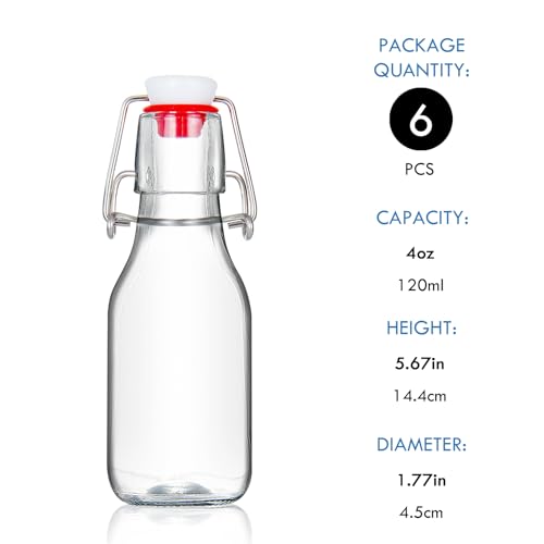 YEBODA 6 Pack 4oz Swing Top Glass Bottles,Small Flip Top Glass bottles with airtight Caps for Home Brewing,Kombucha,2nd Fermentation,Kefir,Beverages,Soda,Oils,Vinegar,Limoncello,Vanilla extract