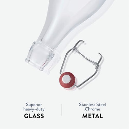 Bormioli Rocco Giara Swing Top Bottles 33 ¾ Ounce-4 Pack Round Clear Glass Grolsch Flip Top Bottle With Stopper, for Beverages, Smoothies, Kefir, Beer, Soda, Juicing, Kombucha, Water, Milk and Vinegar