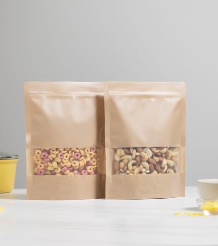 24/7 Bags- 100 Pack, Kraft Paper Stand Up Pouch Bag- 7.8" x 10", Resealable Zip-Lock with Front Window, Zero BPA, Easy Tear Notch, Self Stand Up, Food Grade Interior Coating - size: 7.8"x10"- 100 Count