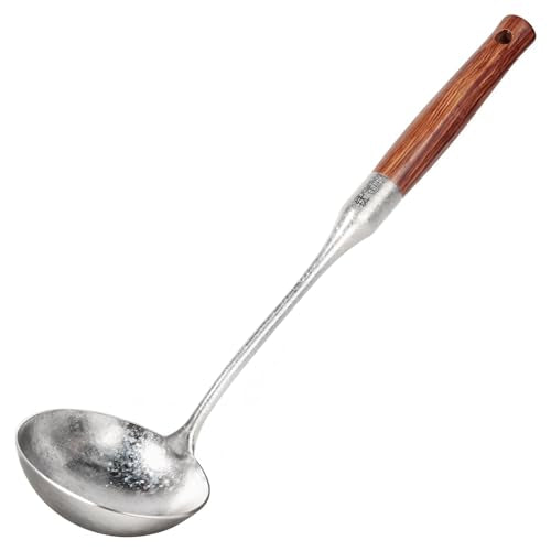 Newness Soup Ladle, [Rustproof, Heat Resistance] Resilient Pure Titanium Soup Spoon with Long Ergonomic Natural Wooden Round Handle, Non-Toxic Cooking Spoon for Kitchen, 14.56 Inches - color: Silver + Wood