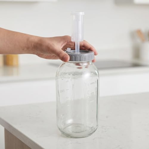 OUNONA Large Fermentation Jar with Airtight Lids and Airlocks, 64oz/1L Wide Mouth Glass Mason Jar with Scale Mark, Wood Sign, Mead Making Kit, Kimchi Containers