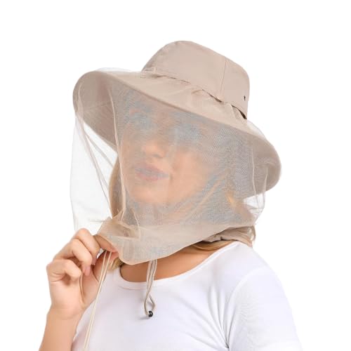 Mosquito Head Net Hat UPF 50+ Sun Protection Bug Hat for Men Women | Sun Visor Style, Perfect for Safari, Hiking, Beekeeping, Camping & Gardening - color: Beige