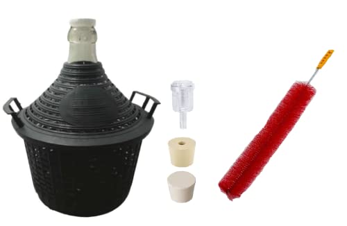 North Mountain Supply Narrow Mouth Glass Demijohn/Carboy with Plastic Basket - 5 Liter (Approx. 1 Gallon) - Includes 2-Piece Airlock, Cleaning Brush, Lid, and Solid and Drilled Bung