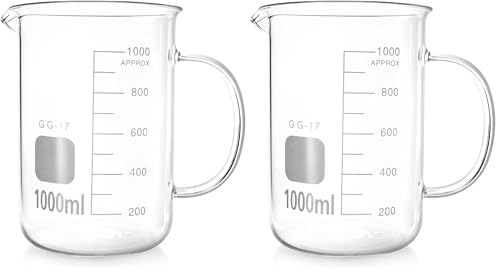 QWORK Beaker with Handle, 1000ml/33.81oz Measuring Cup, Borosilicate Glass,Beaker Mug with Pouring Spout (Pack of 2) - size: 1000 ml (Pack of 2)