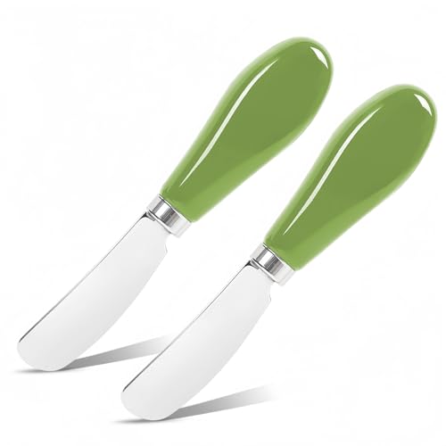 Butter Spreader Knife Set, 2-Pack Stainless Steel Cheese and Butter Knives with Ceramic Handle, Dishwasher Safe, for Soft & Hard Cheese, Jam, Cold Butter (avocado green) - color: avocado green