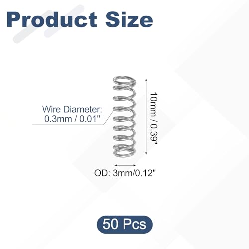 uxcell 50Pcs 304 Stainless Steel Compression Springs, 0.3mm x 3mm x 10mm Small & Tiny Pen Spring for Home Repair & DIY, Workshop & Industrial Use, (Silver Tone) - size: 3mmx10mm