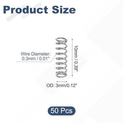 uxcell 50Pcs 304 Stainless Steel Compression Springs, 0.3mm x 3mm x 10mm Small & Tiny Pen Spring for Home Repair & DIY, Workshop & Industrial Use, (Silver Tone) - size: 3mmx10mm