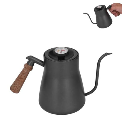 Pour over Coffee Kettle with Thermometer, 850ml Goose Neck Kettle Pot Induction Kettle Stovetop Stainless Steel Gooseneck Kettle with Wood Handle