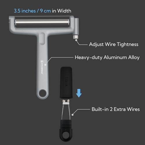 KITCHENDAO Replaceable Wire Cheese Slicer Cutter, 50% Stronger Wires with 2nd Gen Wire Fixing Mechanism, Tightness Adjustable, Easy Replacement, Dishwasher Safe, 2 Extra Wires - color: KD20297S Cheese Slicer (Silver)