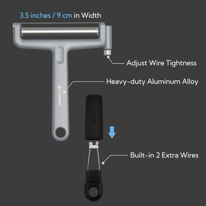 KITCHENDAO Replaceable Wire Cheese Slicer Cutter, 50% Stronger Wires with 2nd Gen Wire Fixing Mechanism, Tightness Adjustable, Easy Replacement, Dishwasher Safe, 2 Extra Wires - color: KD20297S Cheese Slicer (Silver)