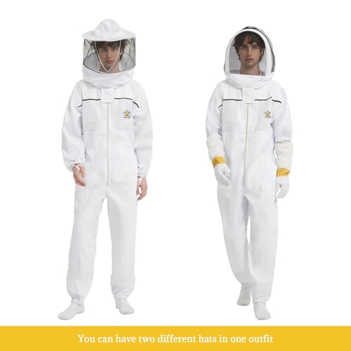 3-Layer Bee Suit, with Gloves & 2 Veils | Professional Sting Proof Ultra Breathable Beekeeper Suit, Unisex, Goatskin Beekeeping Gloves for Wasp, Apiary & Backyard - size: S-4'11" – 5'3"
