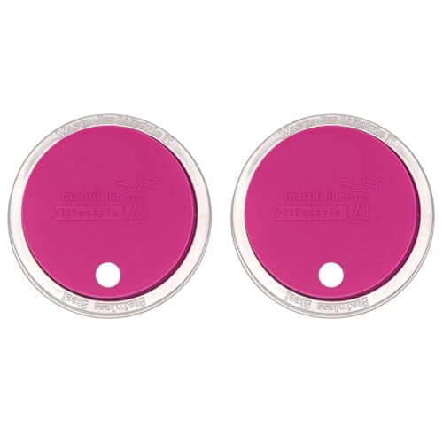 2 Pack, Berry Pink, Wide Mouth Silicone Straw Hole Tumbler and Fermentation Lids with Stainless Steel Bands by Mason Jar Lifestyle