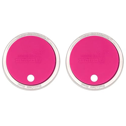 2 Pack, Berry Pink, Wide Mouth Silicone Straw Hole Tumbler and Fermentation Lids with Stainless Steel Bands by Mason Jar Lifestyle