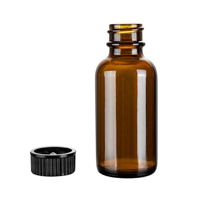Restaurantware Vetri 1 Ounce Boston Glass Bottles, 48 Sample Bottles With Black Phenolic Caps - Dishwashable, Round, Amber Glass Bottle, For Potion, Juice, Ginger Shots, Whiskey, Liquids - color: Amber, size: 1 oz