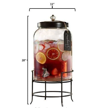 Style Setter Franklin 210235-GB 3 Gallon Glass Beverage Drink Dispensers with Metal Stand & Lid, Tag and Ceramic Knob, Clear, 20x11"