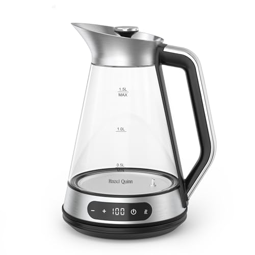 Hazel Quinn Glass And Stainless Steel Electric Kettle, 1.5 Liters Tea Kettle And Hot Water Kettle, BPA-Free, ±1°C Temp Control, 24H Keep Warm, 1000W Fast Quiet Boil, Anti-Residue Bottom, Auto Shut-Off