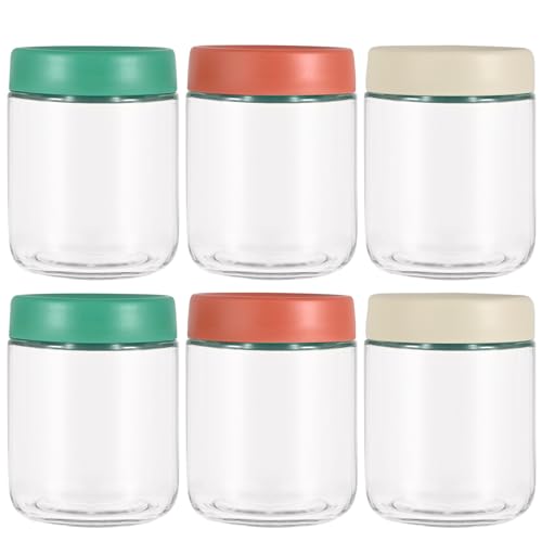 Hoa Kinh 16oz 6Pack Glass Food Storage Jars with Lids, Leak Proof Small Jars for Overnight Oats, Cereal, Clear Empty Glass Jar with Lids for Kitchen(Red, Green and White) - color: Colorful lids, size: 16oz-6Pack