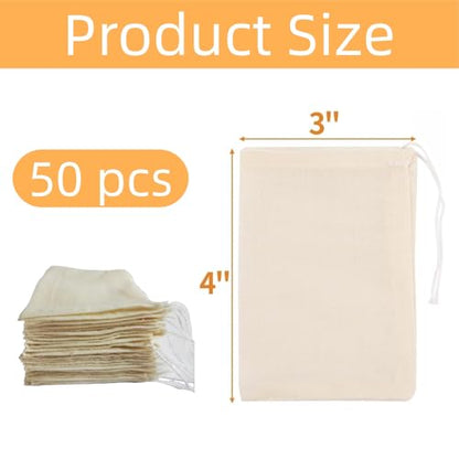 [50-Pack Natural Unbleached] Cotton Muslin Drawstring Bags,Reusable Tea Bags for Loose Leaf Tea/Spice Bags for Cooking Soup/Herb/Cooking -Small Cotton Cheese Cloth Bag for Straining(3x4") - size: 3x4"