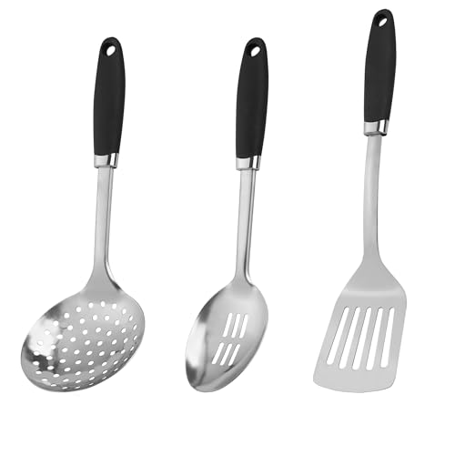 3 Piece Stainless Steel Cooking Utensils Set, Metal Slotted Spoon, Slotted Turner Spatula and Skimmer Set for Cooking, Frying, Serving, Dishwasher Safe - color: B-Silver Cooking Utensils