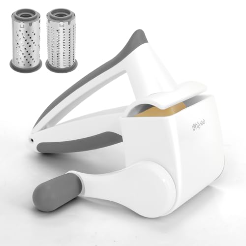 UHIYEE Patented Rotary Parmesan Cheese Grater, Hand Crank Cheese Shredder with Fine & Coarse Drums, Restaurant Quality, White, Stainless Steel & ABS, Dishwasher Safe - color: White