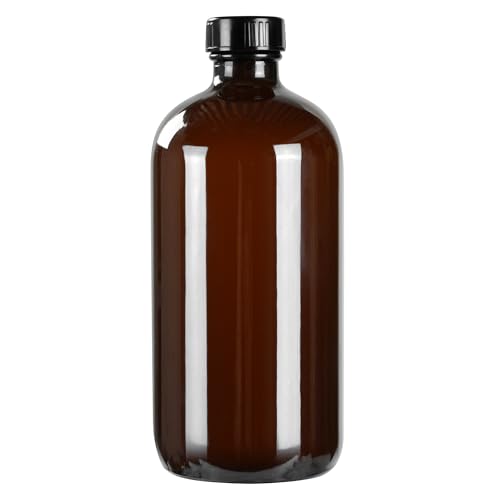 Restaurantware Vetri 16 Ounce Boston Glass Bottles, 12 Bottles With Black Phenolic Caps - Dishwashable, Round, Amber Glass Bottle, For Secondary Kombucha Fermentation, Homemade Essential Oils - color: Amber, size: 16 Ounces