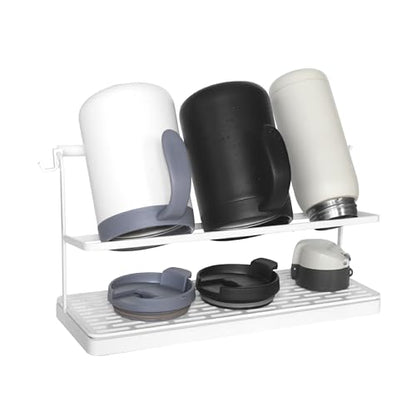 2-Tier Water Bottle Drying Rack for Countertop - Large Carbon Steel Cup Mug Organizer with Removable Drain Tray (White) - color: White